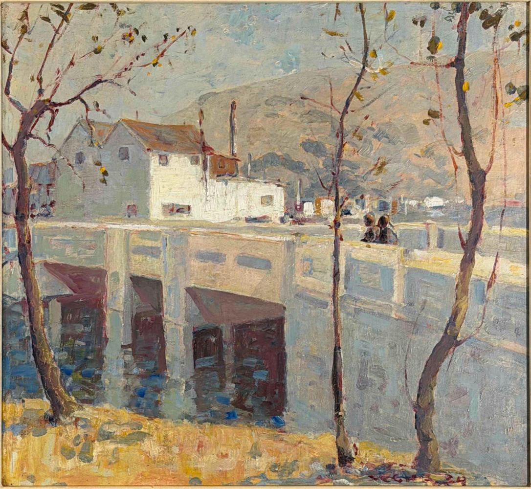 Selden Connor Gile (American, 1877-1947), Laundry Bridge, Oil On Board: Selden Connor Gile (American, 1877-1947), Laundry Bridge, Oil On Board. Signed "SC Gile" lower right. Verso with Landmarks Gallery label from the Belvedere-Tiburon Landmarks Society, Marin County, Cal
