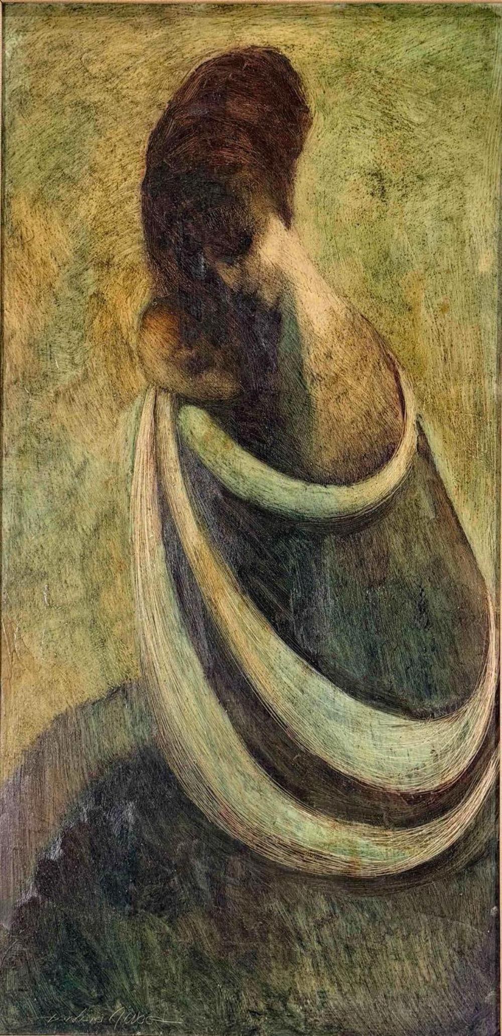 Barbara Wood (American, 20th C.) Mother And Child, Oil On Panel: Barbara Wood (American, 20th C.) Mother And Child, Oil On Panel. Frame approximately 38.75H x 23.62W x 1.37D in. Sight approximately 29.37H x 14.37W in.