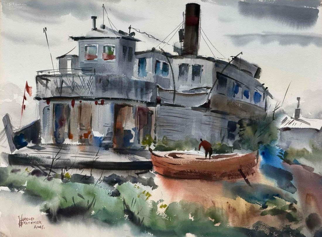 Harold Gretzner (American, 1902-1977), Harbor Boat, Watercolor on Paper: Harold Gretzner (American, 1902-1977), Harbor Boat, Watercolor on Paper. Signed lower left "Harold Gretzner A.W.S." Harold Gretzner was a Maryland-born watercolorist active in California, known for to