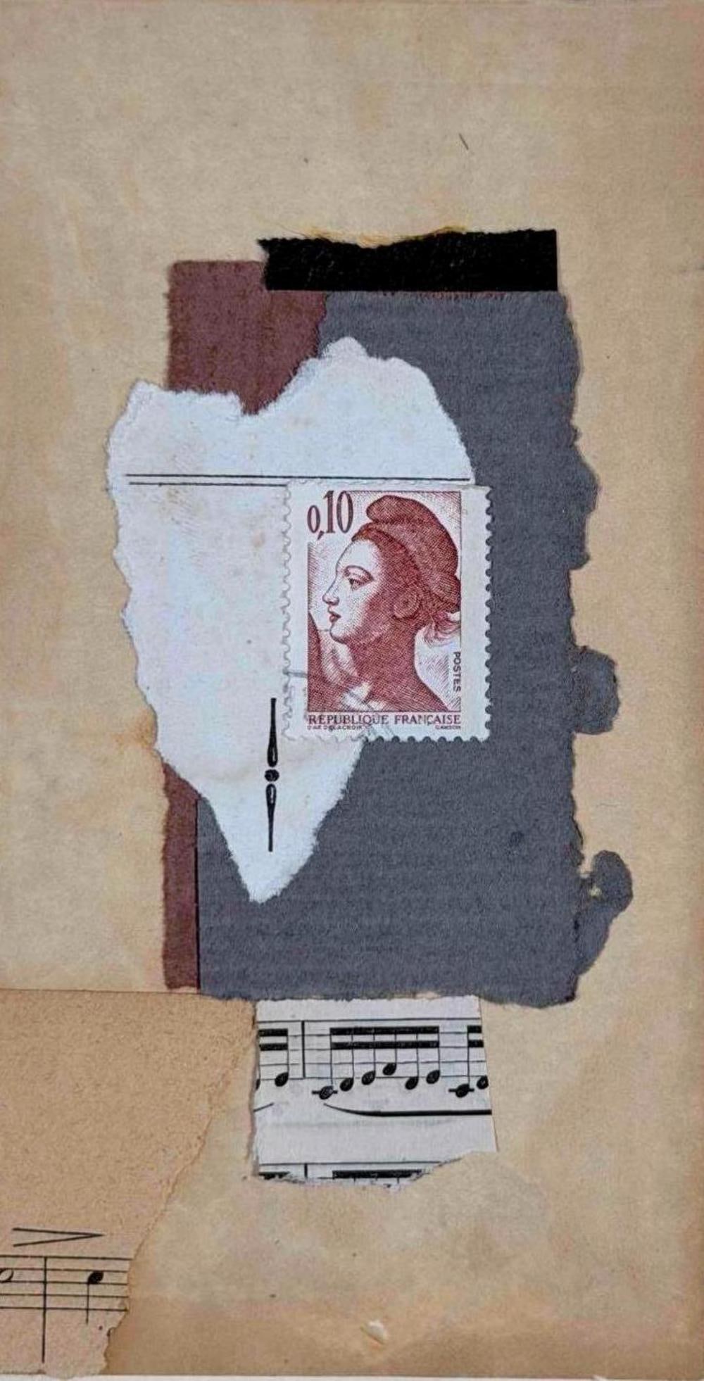 Susan Jokelson (California, 20th C.), Collage With Found Paper: Susan Jokelson (California, 20th C.), Collage With Found Paper. Signed lower right. Dated 1990. Frame approximately 10.87H x 7.75W x 1.0D in. Collage approximately 5.37H x 2.87W in. Please note there 