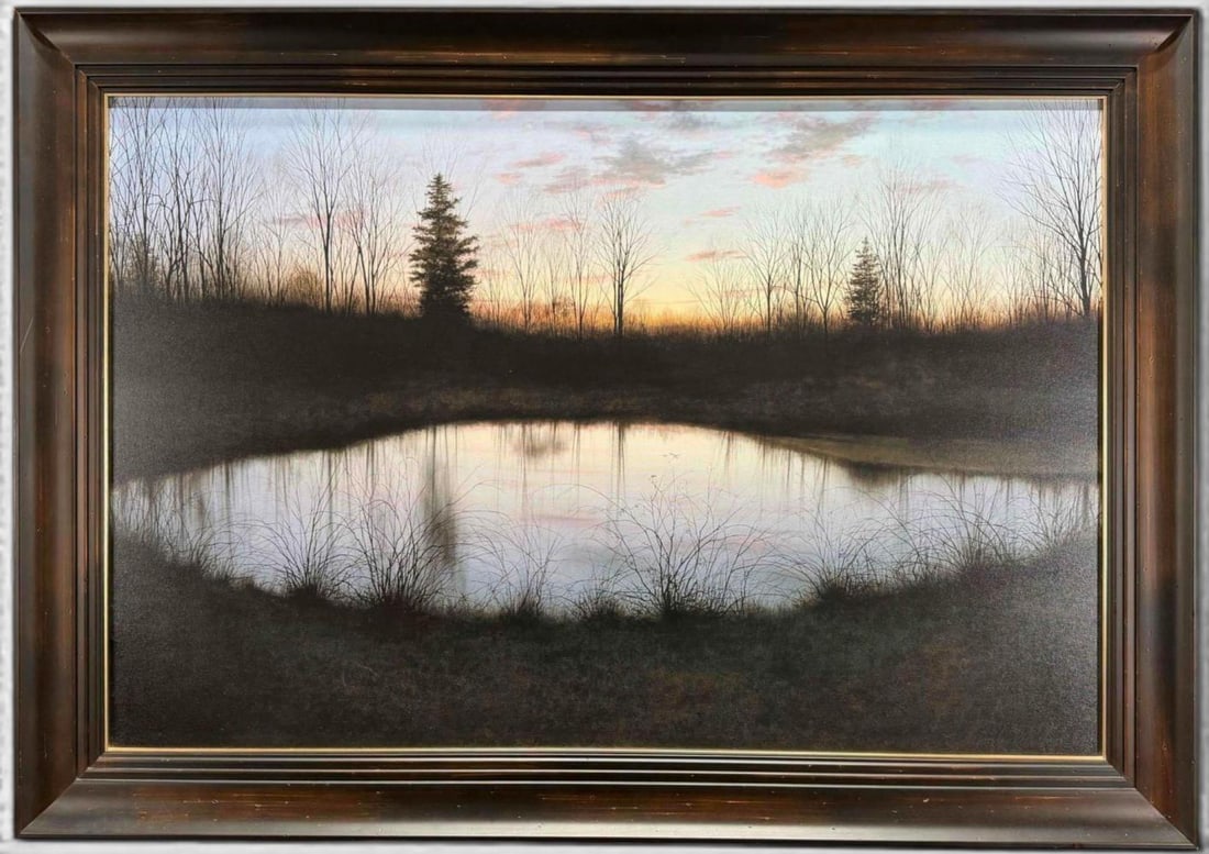 Alexander Volkov (Russian-American, b. 1960), Night Pond, Giclee On Canvas: Alexander Volkov (Russian-American, b. 1960), Night Pond, Giclee On Canvas. Signed and dated in plate. Verso marked "Brown Barn Publishing 11/195." Frame approximately 34.0H x 48.25W x 1.87D in. Sight