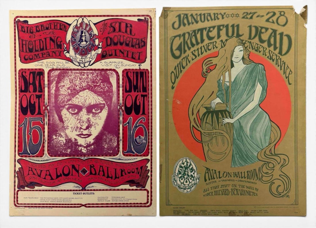 Two Avalon Ballroom Psychodelic Posters Grateful Dead , Big Brother & the Holding Company: Two Avalon Ballroom Psychodelic Posters Grateful Dead , Big Brother & the Holding Company. Printing by Family Dog Productions. Grateful Dead Print number 45-1, both Mouse Studio posters. Approximately
