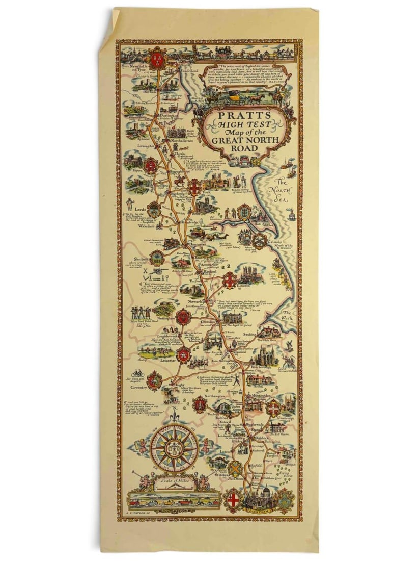 Alfred E. Taylor (1887-1959), 1930 Pratts High Test Map of the Treat North Road: 1930 Pratts High Test Map of the Treat North Road, designed by British artist mapmaker Alfred E. Taylor (1887-1959) A.E. Taylor 30 lower left. Approximately 36.75H x 15.0W in.
