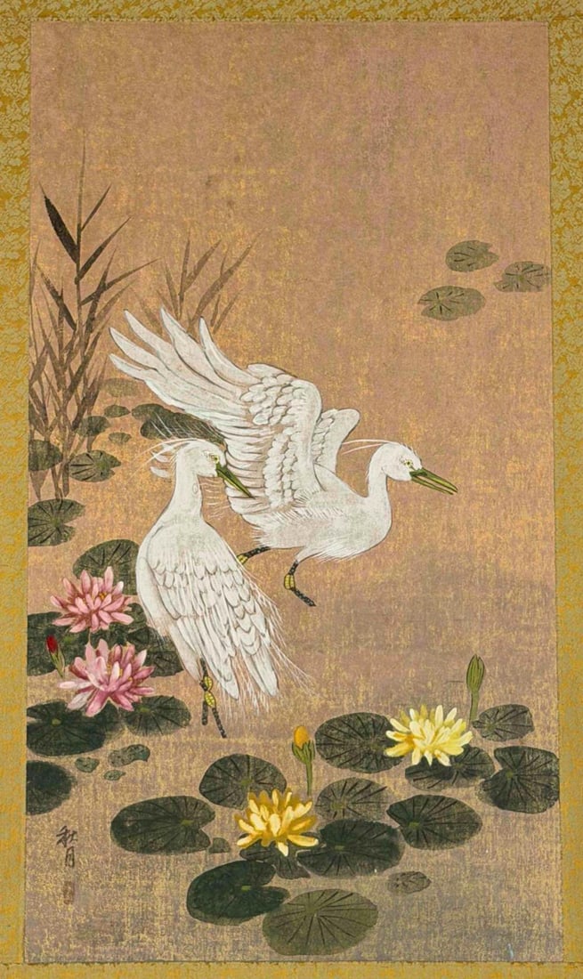 Japanese Painting on Paper, Cranes and Lotus, Signed: Japanese painting depicting two white cranes in a lotus pond, surrounded by flowering lotus, lily pads, and reeds. Frame approximately 37.75H x 23.5W x 0.75D in. Sight approximately 35.25H x 21.0W in.