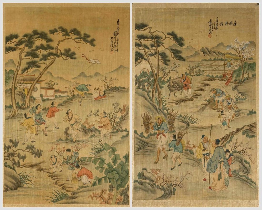 Pair of Chinese Paintings on Silk, Figures in Landscapes, Calligraphic Inscriptions and Seals: Pair of Chinese paintings on silk depicting figures engaged in rural and agricultural activities within mountainous landscapes. The scenes include farmers working the fields, figures carrying