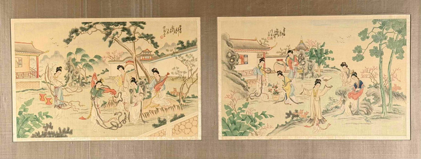 Pair Of Chinese Paintings On Silk, Ladies in Gardens: Pair of Chinese paintings on silk depicting groups of elegantly dressed women in classical garden settings with pavilions, scholar's rocks, flowering plants, pine trees, and distant mountains. One