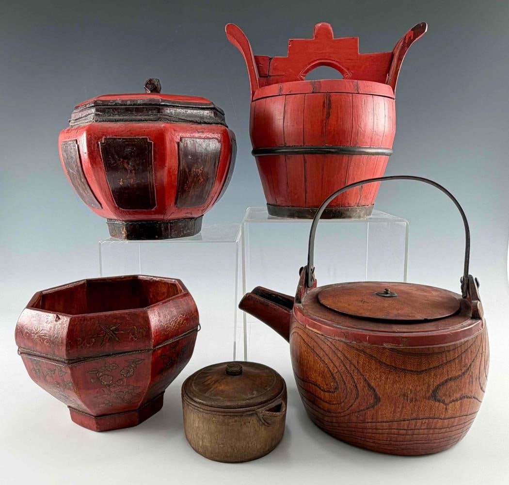 Grouping Of Asian Lacquerware & Wood Items: Grouping Of Asian Lacquerware & Wood Items. Largest approximately 9.62H x 10.0W x 7.75D in. Smallest approximately 2.75H x 4.75W x 4.12D in.