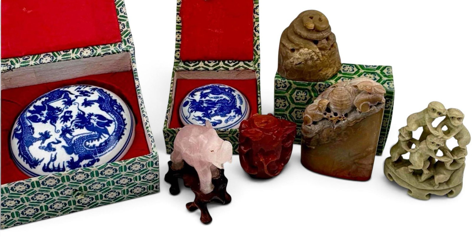Grouping of Chinese Carvings in Rose Quartz, Carnelian, & Soapstone with Blue & White Covered Bowels (1 of 20)