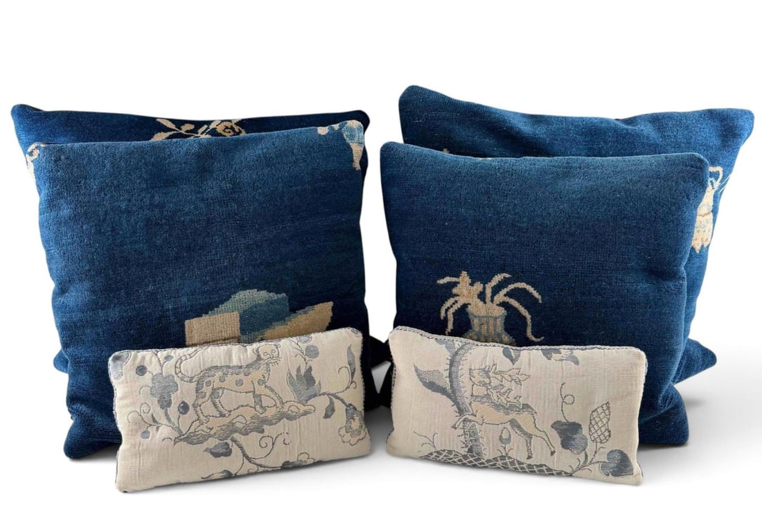 Chinese Rug Throw Pillows: Chinese Rug Decorative Chinoiserie Throw Pillows. Largest approximately 21.0H x 22.0W in. Smallest approximately 6.5H x 12.5W in.