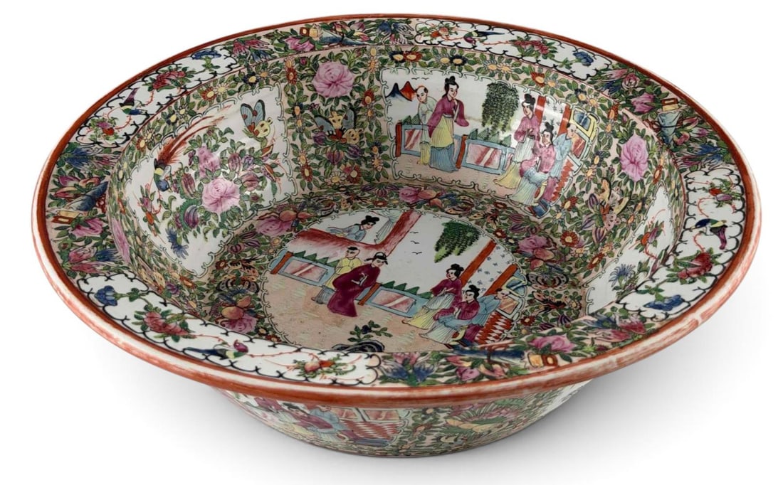 Large Chinese Famille Rose Porcelain Basin: Large Chinese Famille Rose Porcelain Basin. Deep circular form with flared rim, densely enameled throughout with alternating figural court scenes and panels of birds, butterflies, flowering plants,
