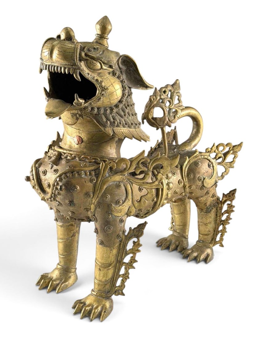 Large Indian Brass Yali Temple Lion: Large Indian Brass Yali Temple Lion. Approximately 17.0H x 17.0W x 9.0D in.