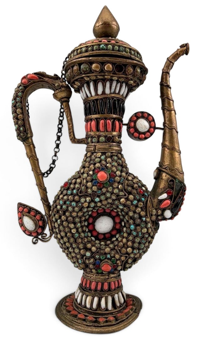 Tibetan Ritual Ewer, Heavly Set With Coral, Turquoise, & White Stones (1 of 16)