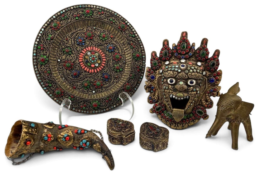 Grouping of Six Decorative Tibetan Ritual Items with Coral, Turquoise & Glass: Grouping of Six Decorative Tibetan Ritual Items with Coral, Turquoise & Glass