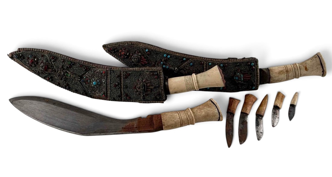 Group Of Tibetan Bone Handled Knives: Group Of Tibetan Bone Handled Knives With Glass Jeweled Leather Sheaths. Largest Approximately 2.76W x 15.0L in. Smallest approximately 0.36W x 3.03L in.