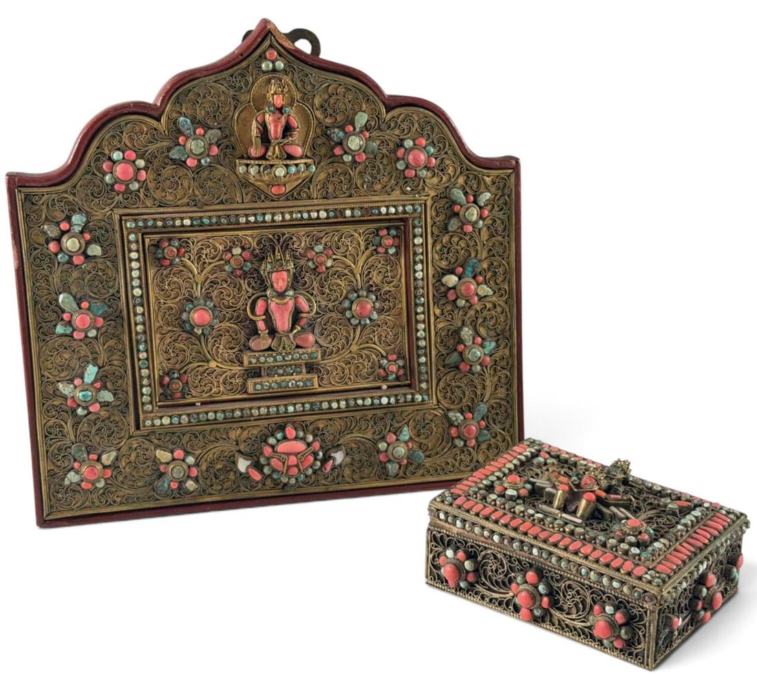 Nepalese Devotionsl Plaque & Box, Likely Kathmandu Valley, in the Newari Tradition: Nepalese Devotional Plaque & Box, Likely Kathmandu Valley, in the Newari Tradition. Gilt Metal plaque with finely worked scrolling, centered by seated Buddha figures with applies cabochons in red, blu