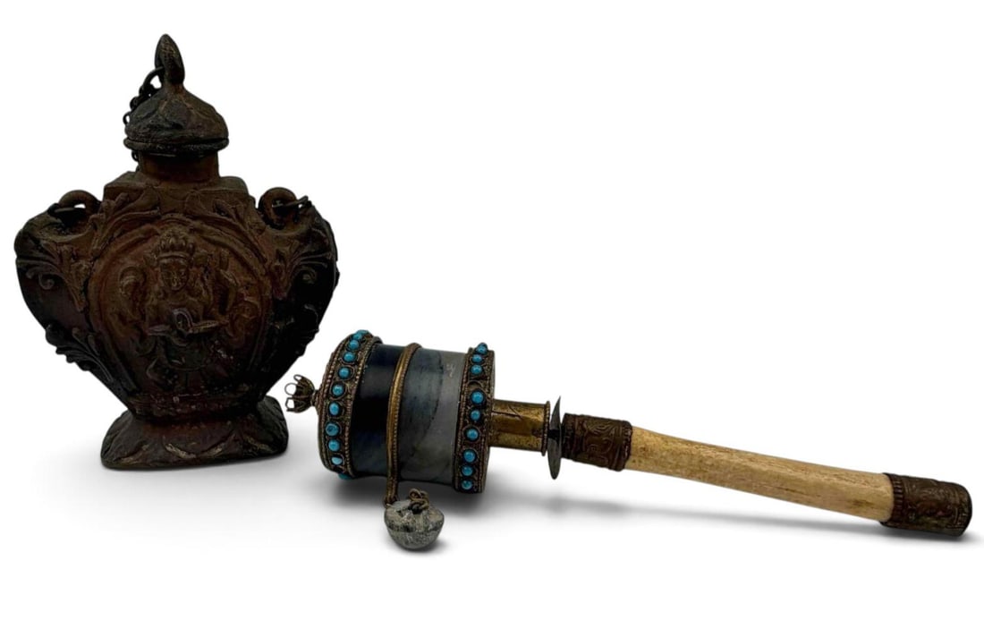Tibetan Buddhist Hand Held Prayer Wheel With Inset Ruby's at the Crown & Hanging Ritual Censor (1 of 15)