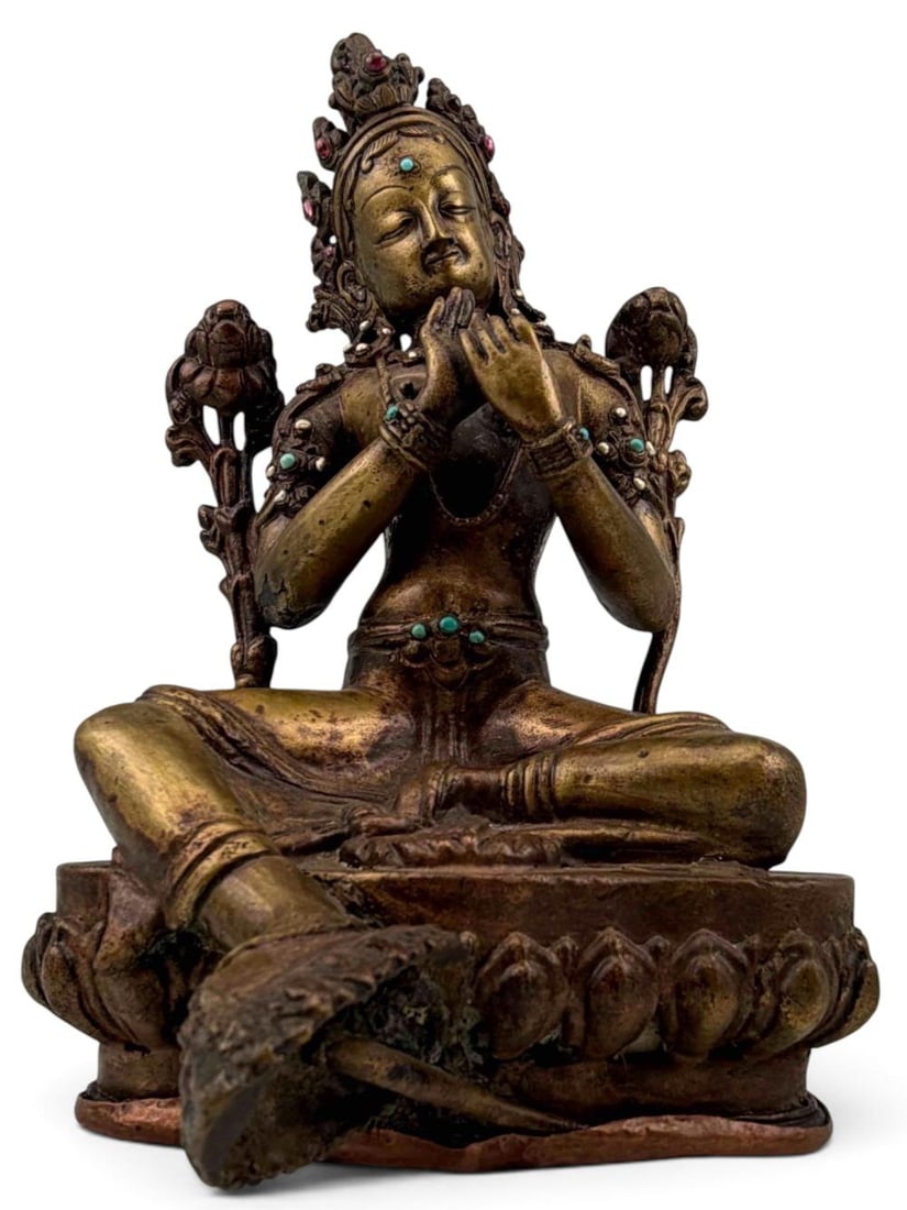 A Finely Cast Gilt BronzeTibetan Figure of Green Tara: 19th - 20th century, A finely cast gilt bronze figure of Green Tara (Sgrol Ljang), the female bodhisattva of enlightened activity & compassion seated in lalitasana up a double lotus base. Five leaf cr