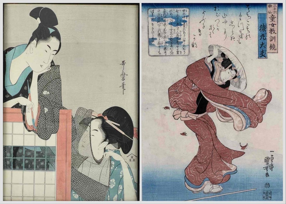 Two Japanese Ukiyo-e Woodblock Prints, Kuniyoshi and After Utamaro: Group of two Japanese ukiyo-e woodblock prints. Includes Utagawa Kuniyoshi (1797-1861), Lady in Autumn Wind, from the series Lessons from the 36 Poets; label on verso notes publisher Wakasaya Yoichi, 