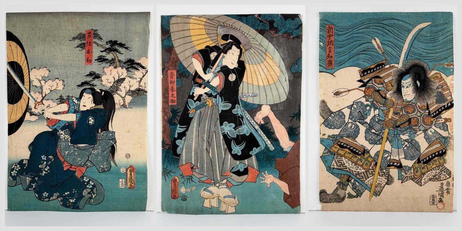 Utagawa Kunisada/Toyokuni III (1786-1865), Three Japanese Ukiyo-e Woodblock Prints, 19th C.: Utagawa Kunisada, also known as Toyokuni III (Japanese, 1786-1865), group of three Japanese ukiyo-e woodblock prints depicting kabuki actors and a warrior figure. Each with printed signature and publi