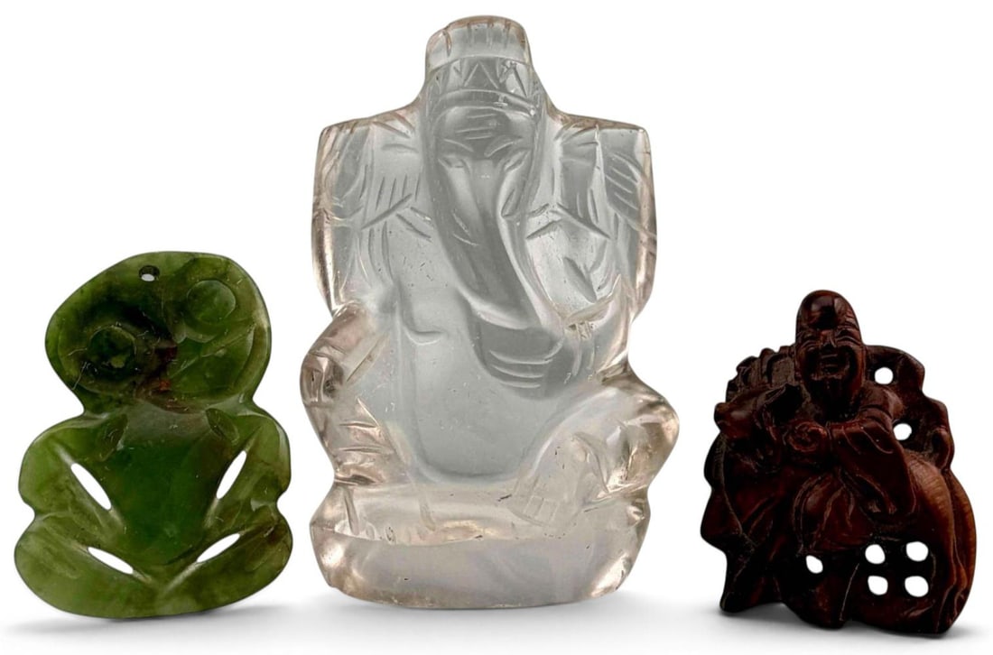 Chinese Carved Hardwood Toggle, Carved Rock Crystal Daoist Imortal or Sage & Hardstone Carving: Chinese Carved Hardwood Toggle Depicting Shouxing (God of Longevity) with pierced scholar's rock, later Qing Dynasty. Rock Crystal immortal late Qing to Republic period, wide eye hardstone carving. La