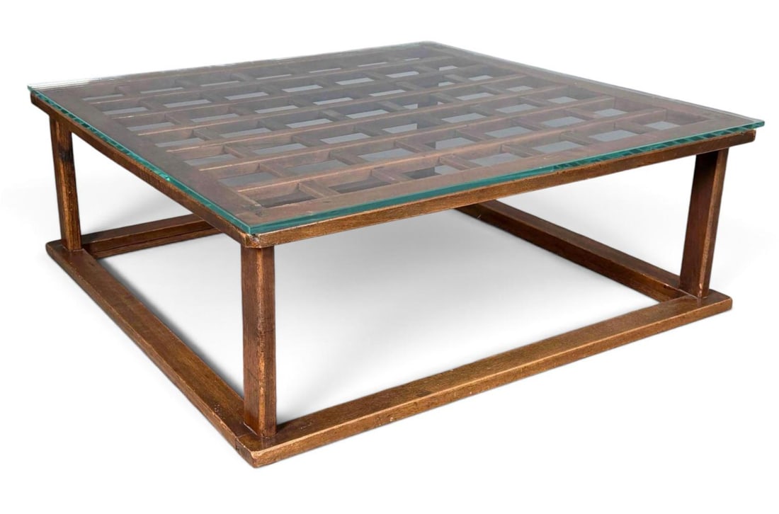 Japanese Kotatsu Coffee Table: Japanese Glass Top Kotatsu Coffee Table. Approximately 34.0L x 34.0W x 12.25H in.