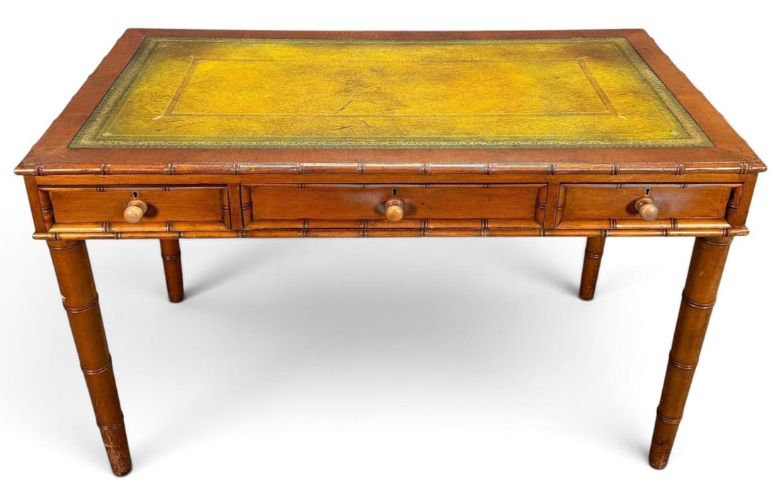 Chinoiserie Bamboo-Form Leather Top Writing Desk: Chinoiserie Bamboo-Form Leather Top Writing Desk. Approximately 30.0H x 47.0W x 26.0D in.