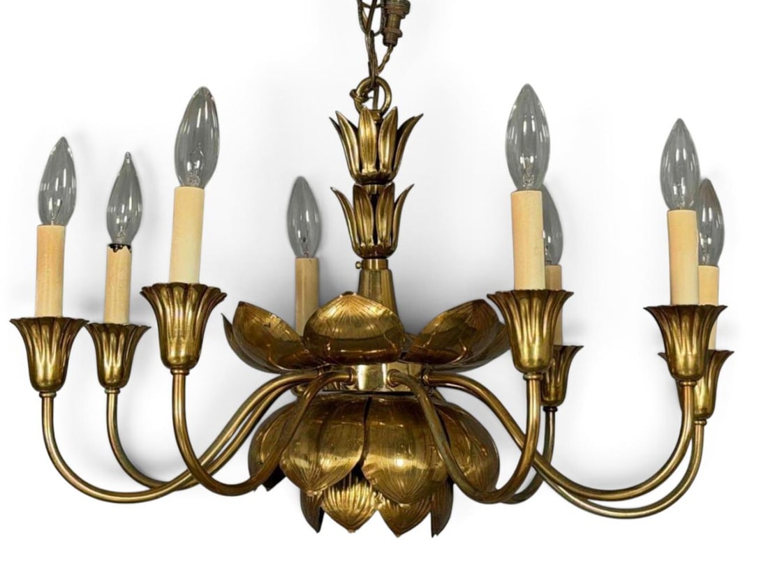 Feldman Lighting Co. Hollywood Regency Lotus Chandelier: Feldman Lighting Co. Hollywood Regency "Lotus" Eight Arm Chandelier. Approximately 14.5H x 23.0W in. Proceeds from this lot benefit Happy Dragon Thrift Shop. Happy Dragon Thrift Shop, in Los Gatos,