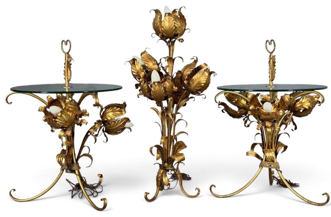 Vintage Hollywood Regency Italian Gilt Tables and Lamp: Vintage Hollywood Regency Italian Lighted Gilt Side Tables and Lamp. Tables approximately 31.0H x 20.0W in. Lamp approximately 36.0H x 16.0W in.
