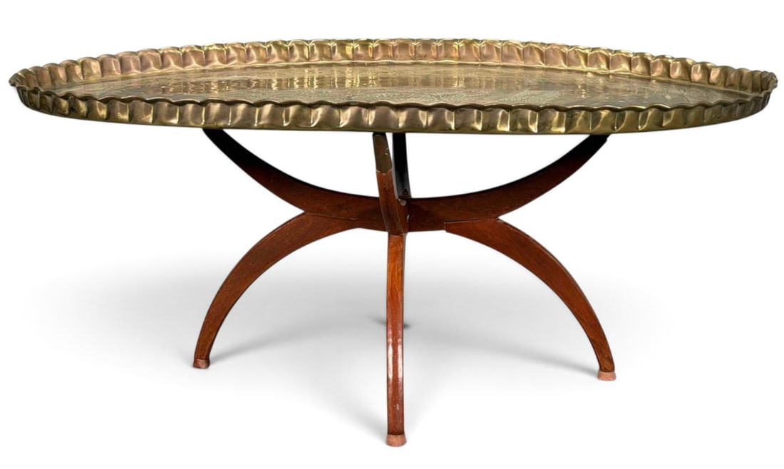 Vintage Mid-Century Modern Brass Tray-Top Table with Sculptural Wood Base: Vintage Mid-Century Modern Brass Tray-Top Table with Sculptural Wood Base Approximately 45.5W x 19.5H x 29.0D in assembled.