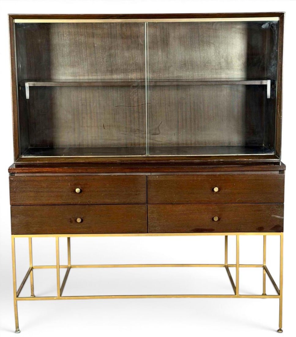 Paul McCobb Irwin Collection Mid Century Modern Display Cabinet For Calvin Furniture: Paul McCobb (American, 1917-1969) for Calvin Furniture, Irwin Collection mid century modern display cabinet. Wood case fitted with four drawers and brass pulls, raised on an open brass frame base. Upp