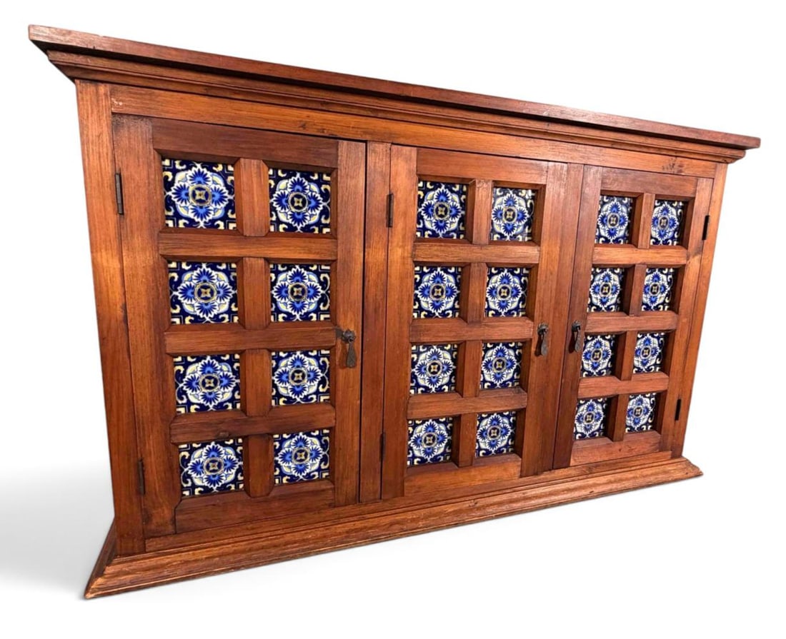 Mexican Tile Decorated Cabinet: Mexican Ceramic Tile Decorated Cabinet, 20th Century. Tiles Marked "S.E.A.S.A. HECHO EN MEXICO." Approximately 31.5H x 50.0W x 19.25D in.