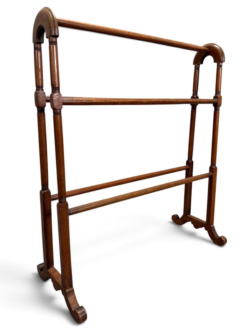 19th Century Quilt Rack: 19th Century Wood Quilt Rack. Approximately 30.75H x 26.12W x 11.0D in. Please note repair to foot (as photographed). Please note that piece wobbles slightly.