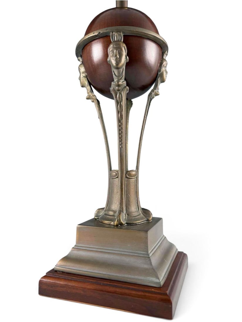 Art Deco Style Brass & Wood Table Lamp: Art Deco Style Brass & Wood Table Lamp. Approximately 27.12H x 5.5W x 5,5D in. (Height to top of finial).