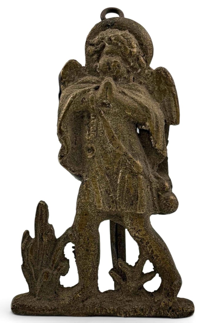 18th to Early 19th Century Cast Brass devotional Figure of St. Michael the Archangel: 18th to Early 19th Century Cast Brass devotional Figure of St. Michael the Archangel. Possibly made for a confraternity or pilgrimage association. Approximately 3.56H in x 2.07W in.