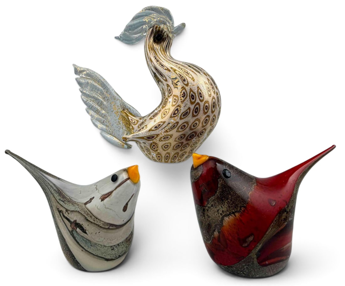 Three Art Glass Murano Birds: Three Art Glass Murano Birds including two stylized bird figures and a larger rooster with millefiori-style decoration. Rooster approximately 1.75 W x 3.77 H in. Smallest bird approximately 1.43 W x