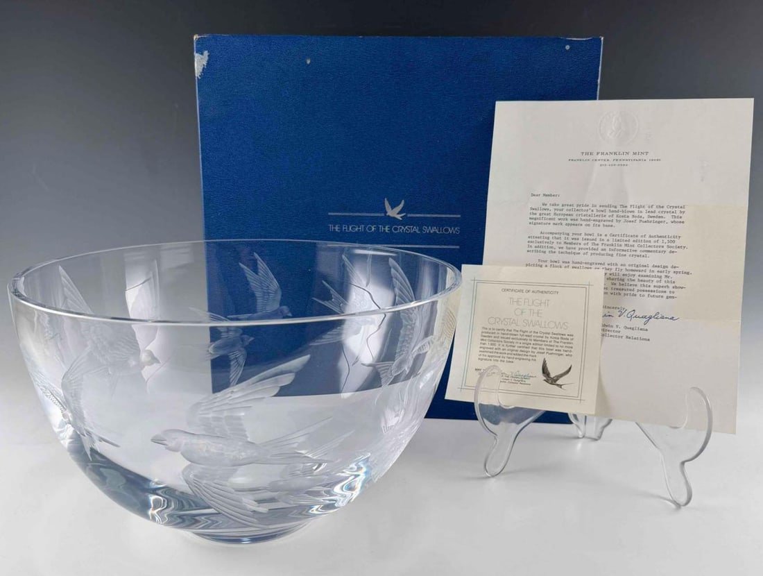 Josef Pueringer Kosta Boda Etched Flight Of The Crystal Swallows Bowl: Josef Pueringer Kosta Boda Etched Flight Of The Crystal Swallows Bowl. Certificate of authenticity reads "This is to certify that The Flight of the Crystal Swallows was produced in hand-blown