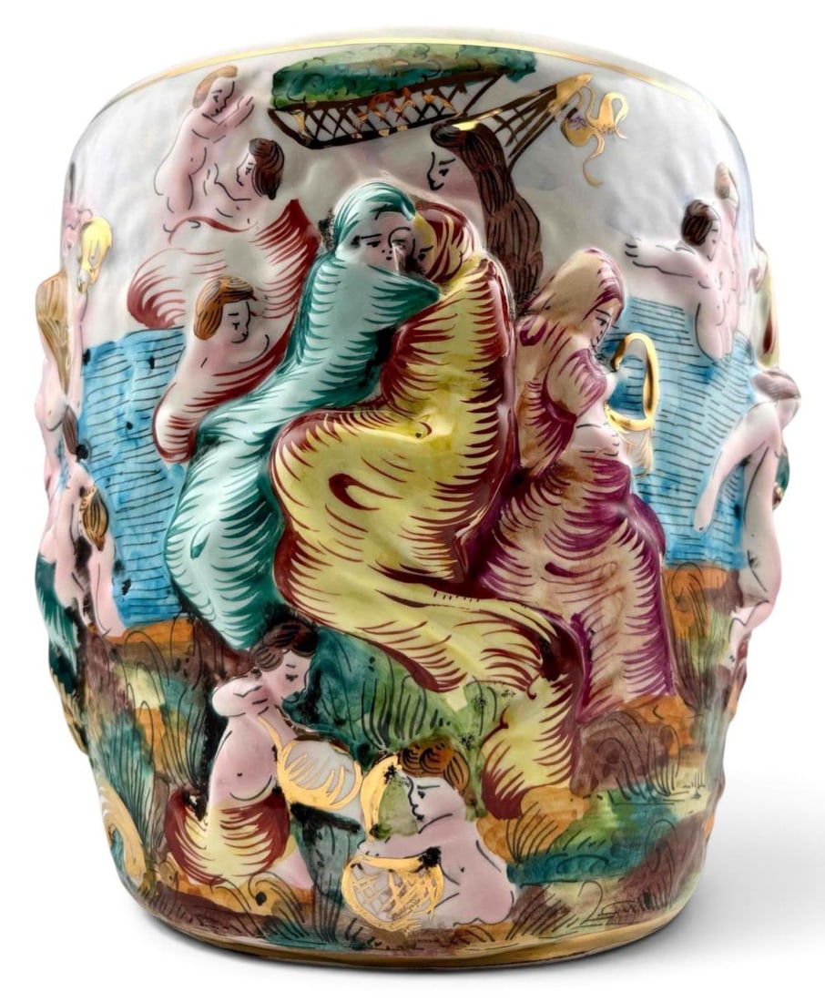 Large Capodimonte Figural Porcelain Jardiniere: Large Capodimonte Figural Porcelain Jardiniere. Marked "694 CAPODIMONTE ITALY" On Bottom. Approximately 10.0W x 10.50H in.