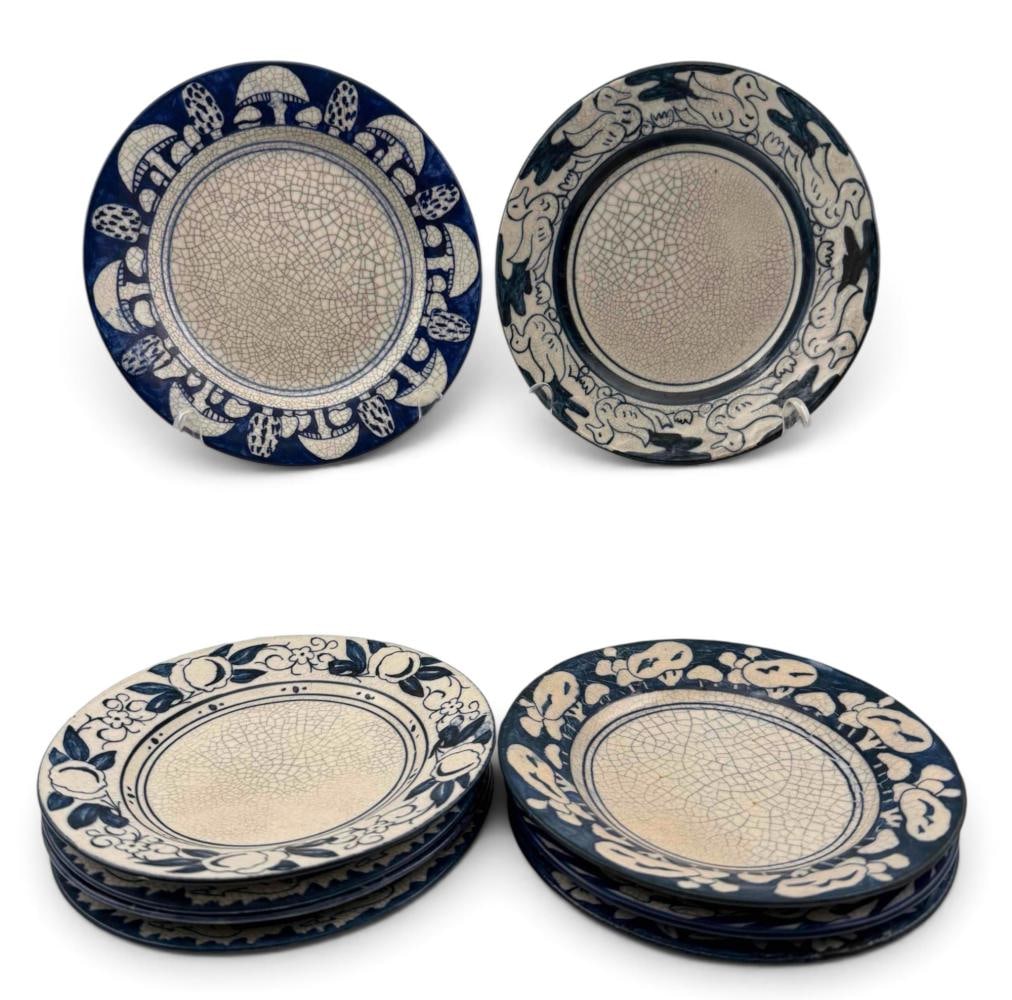 Dedham Pottery Hand Painted Plates, Eight Plus One: Eight Plus One Dedham Pottery Hand Painted Blue & White Dessert Plates. Approximately 6.0W in. Marked "DEDHAM POTTERY."