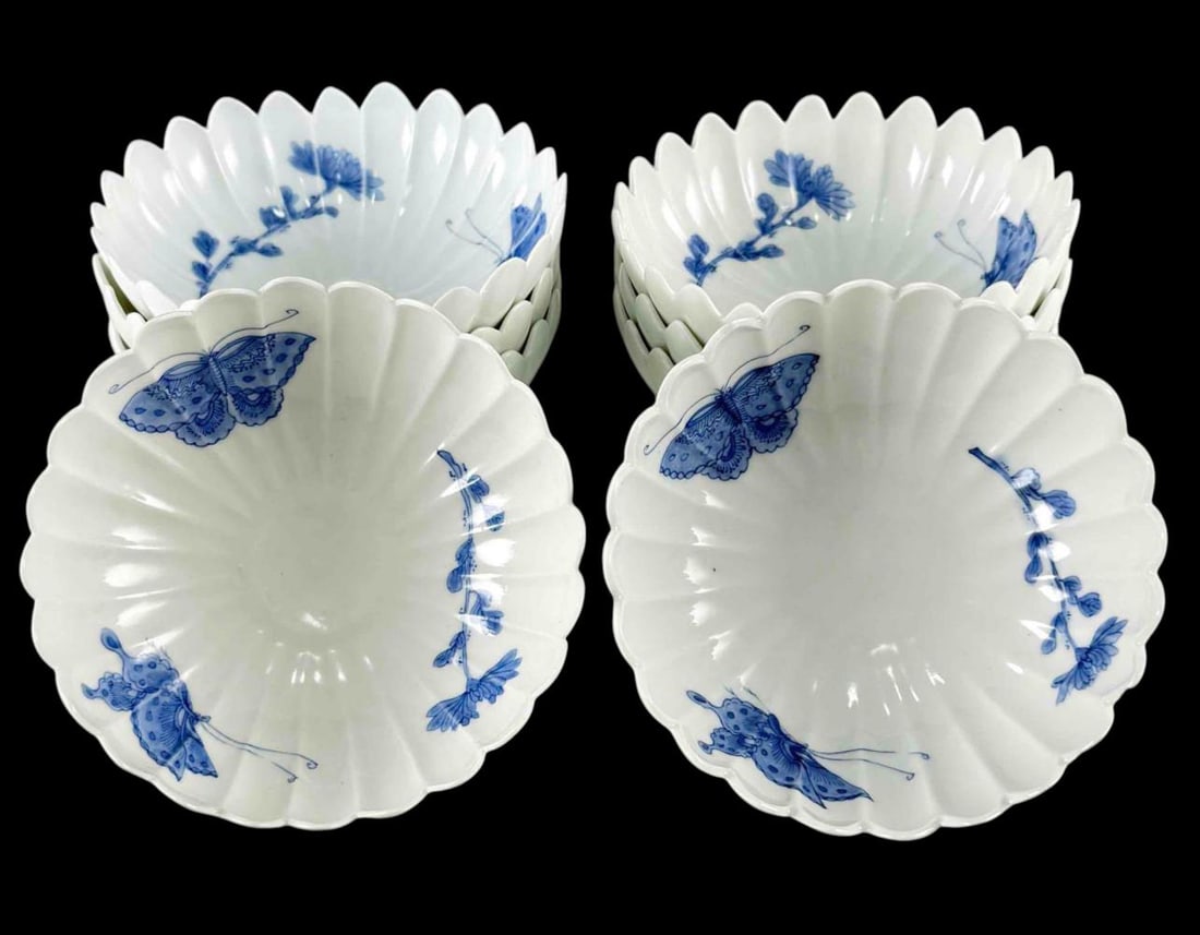 Set Of Eight Blue & White Porcelain Butterfly Bowls: Set Of Eight Blue & White Porcelain Butterfly Bowls. Approximately 5.17W x 2.31H in.