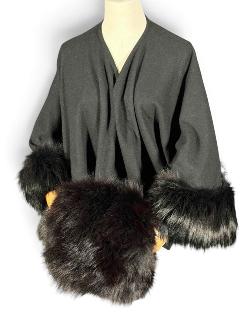 Black Fox Fur Trimmed Shawl And Muff: Black Fox Fur Trimmed Shawl And Muff. Shawl approximately 59.0W x 24.0Hin. Mitten approximately 11.5W x 8.0H in.