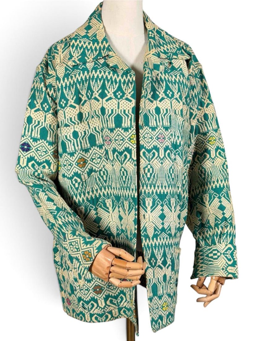 Vintage Blue & White Woven Textile Jacket, Ca. 1970s: Vintage Blue & White Woven Textile Jacket, Ca. 1970s. Length at back approximately 32.5in. Shoulders approximately 25.0in. Chest approximately 48.0in. Sleeve length approximately 25.5in.