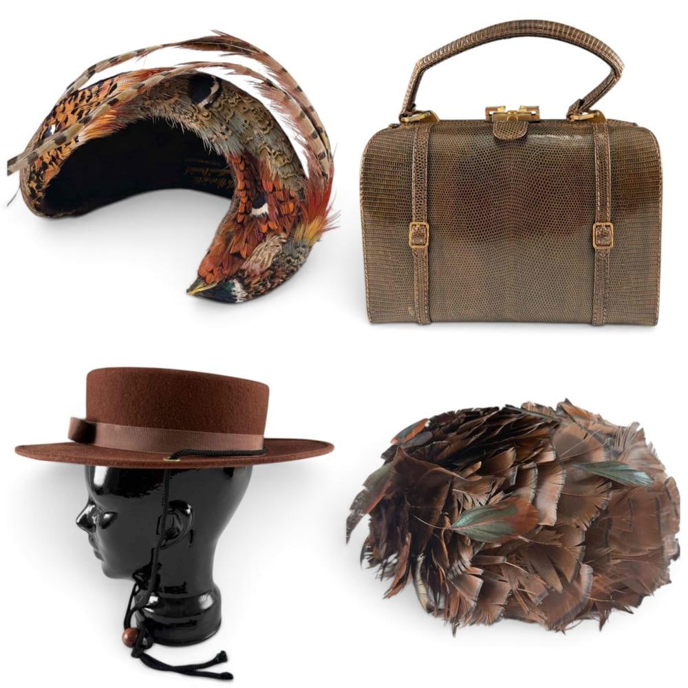Vintage Hats & Italian Leather Handbag: Vintage Hats & Italian Leather Handbag. 100% wool Lancaster Rancher Hat, two feather hats one being pheasant. Handbag approximately 8.5W x 9.0H x 4.0W in. Smallest hat approximately 8.0W x 6.5H x
