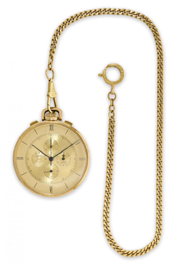 Gold key-less pocket watch Universal Geneve Compax: GOLD KEY-LESS POCKET WATCH UNIVERSAL GENEVE COMPAX MODEL, CHRONOGRAPH, 50S Three body snap on 18K gold case, transparent back. Punched on the bandÂ â€œ727379 Universal 12212â€. Accompanied by