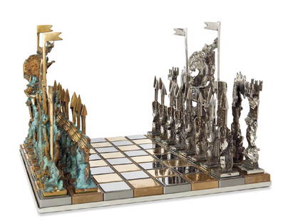 Paolo Baratella: Scacchi Stainless steel and bronze sculpture, realized in lost wax casting. Work numbered 56/100, foundry Deltasider. Accompanied by certificate on catalogue. 9.84 x 13.78 x 13.78 in. - TAGS: Di
