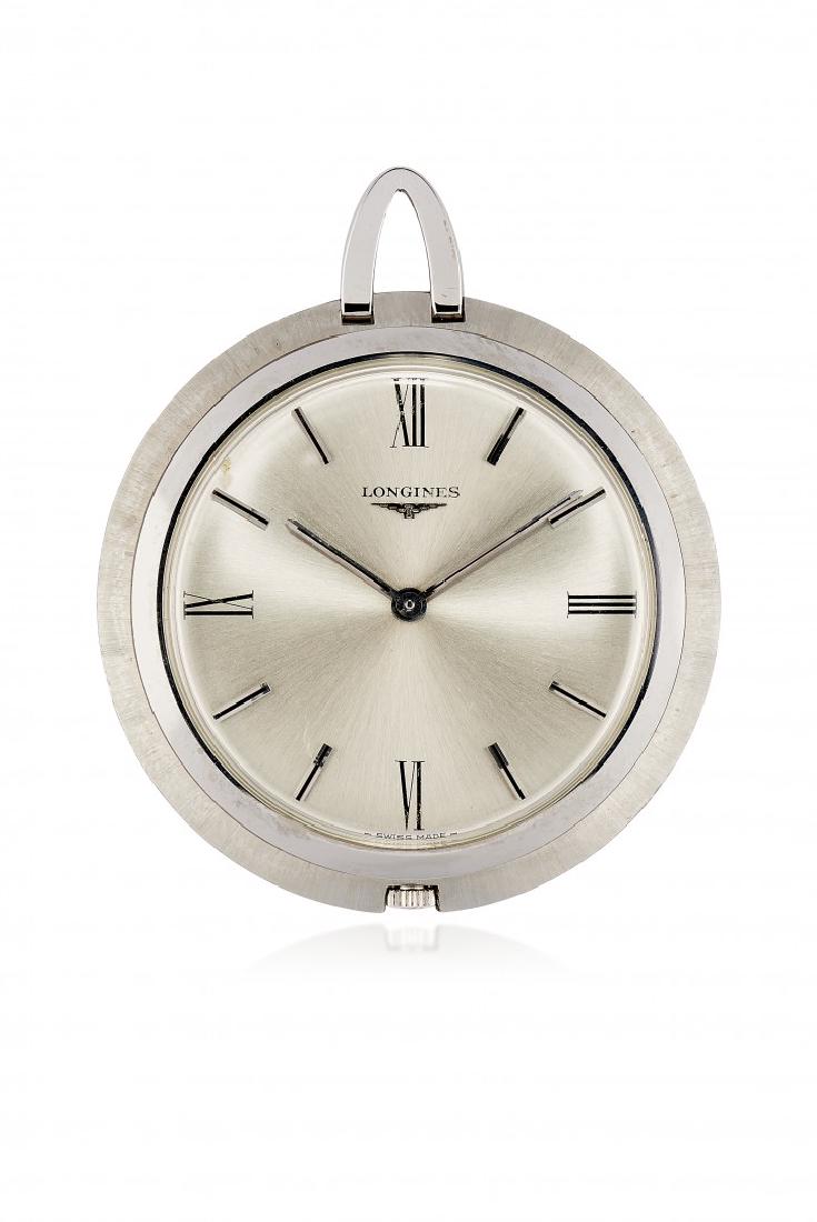 DRESS POCKET WATCH SIGNED LONGINES, '70S: DRESS POCKET WATCH SIGNED LONGINES, '70S Three body brushed steel case, snap on back,Â ref. 7926 1, winding crown on 6 oâ€™clock,Â cuspÂ bow.Â Silvered and brushed dial, signedÂ â€�