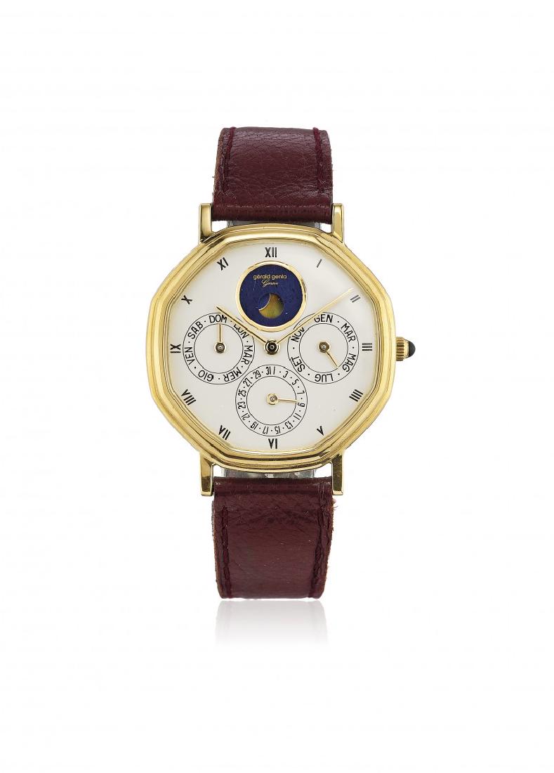 GOLD GERALD GENTA REF. G1840.4, 80s: GOLD GERALD GENTA REF. G1840.4, 80S Two body octagonal 18K gold case, n. 25301, stepped bezel, straight lugs, snap on back, crown set with cabochon. Géral Genta leather strap and g