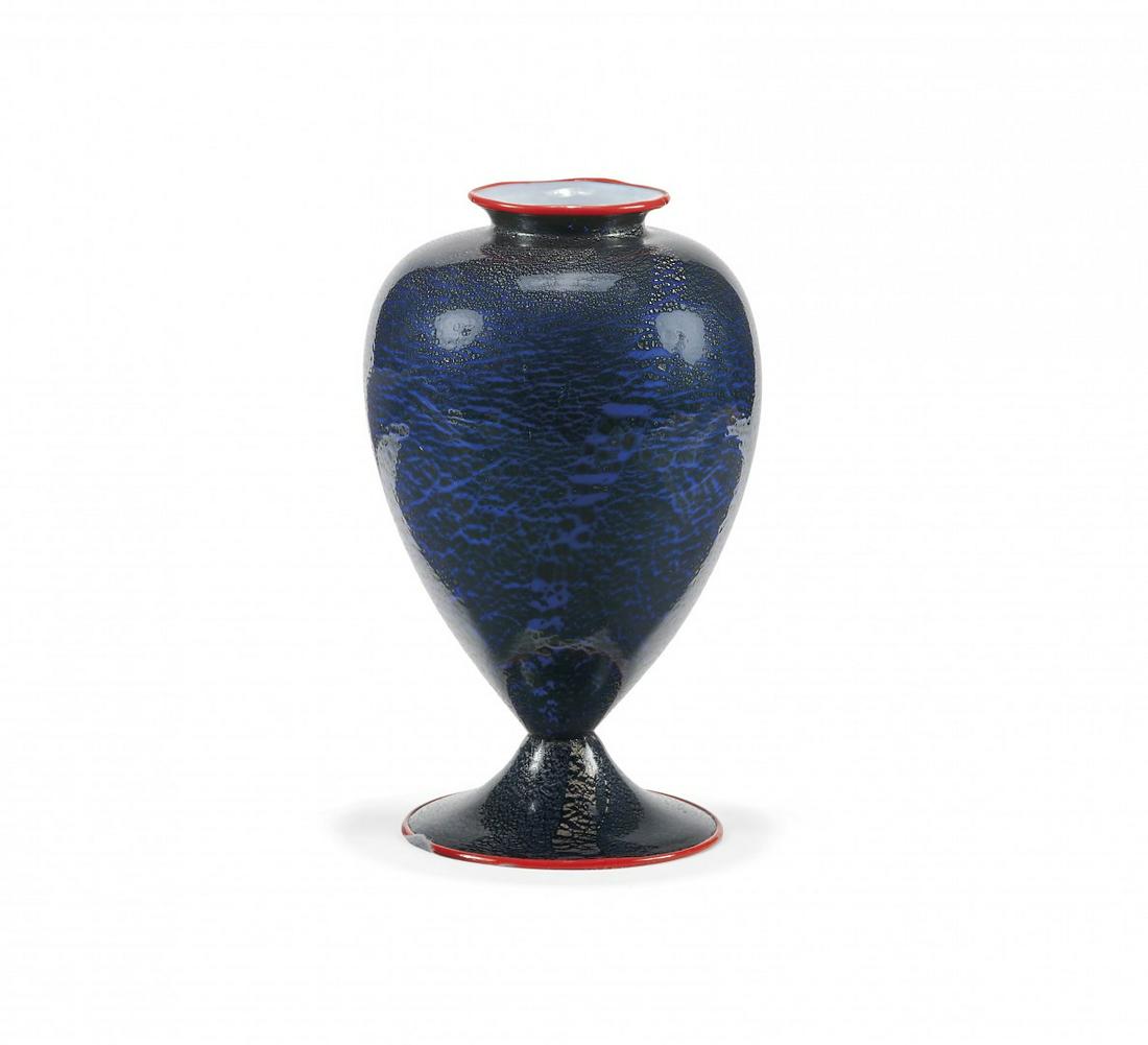 GIUSEPPE CHIACIGH 1895-1967 Rare vase for C. Maschio: Lattimo cobalt and silver leaf cased glass, details in coral glass.Â Old label.Â HeightÂ 9.45 in. - TAGS: Design