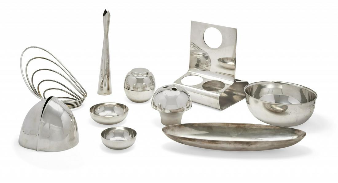 LINO SABATTINI 1925-2016 Group of ten pieces for: Group of ten pieces for Sabattini and Christofle Silvered metal.Â Engraved marks.Â Minor defects.Â The largerÂ 12.40 x 8.66 x 9.45 in. The smallerÂ 1.57 x 4.53 x 4.53 in. - TAGS: Design