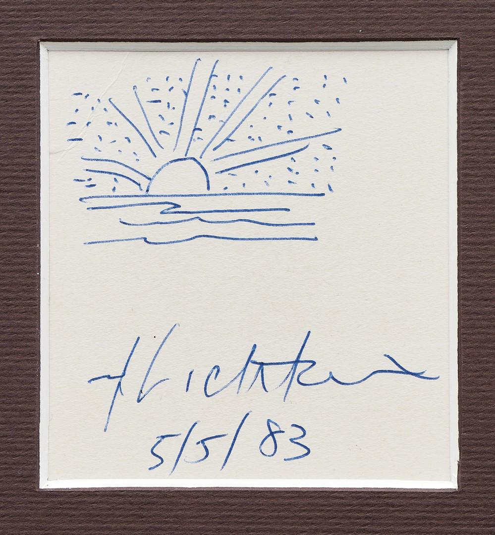 ROY LICHTENSTEIN 1923-1997 Untitled (Rising sun): Untitled (Rising sun) 1983 Blue pen on paper, signed and dated along the lower edge, within passe-partout. 3.15 x 2.95 in. - TAGS: Arte del 900