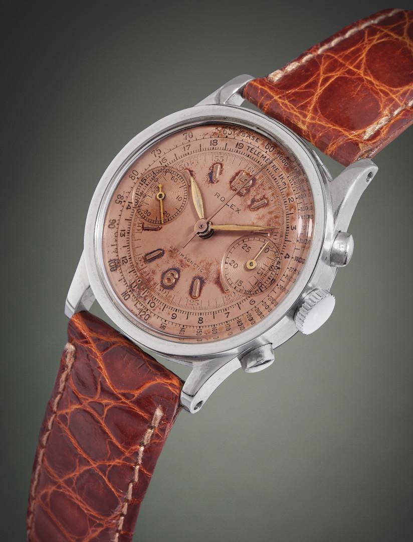 ROLEX CHRONOGRAPH "ANTIMAGNETIC" REF. 2811, CIRCA 1935: ROLEX CRONOGRAFO "ANTIMAGNETIC" REF. 2811, 1935 CIRCA Cassa: firmata, n. 034422, in acciaio, fondello a scatto, pulsanti a oliva. Bracciale/Cinturino: non originale. Quadrante: firmato, salmone, indic